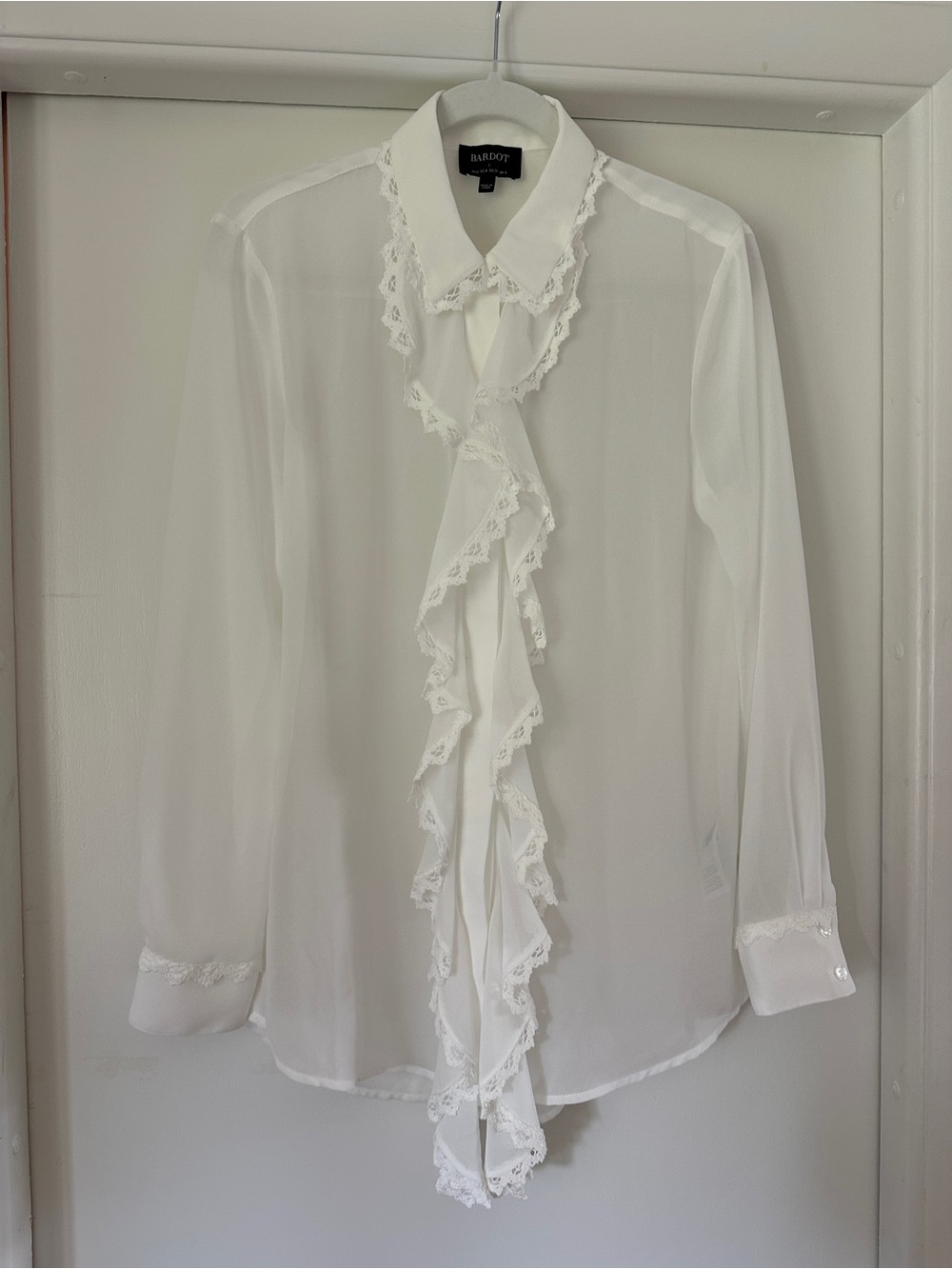 Bardot White Lace-Trim Ruffle Front Blouse